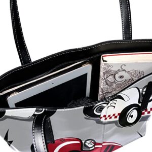 Women’s Leather Tote Bag, Speeding Racing Car with Checkered Flag Race Track Large Heavy Duty Shoulder Bag Travel Work School Handbag