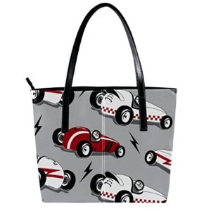 Women’s Leather Tote Bag, Speeding Racing Car with Checkered Flag Race Track Large Heavy Duty Shoulder Bag Travel Work School Handbag