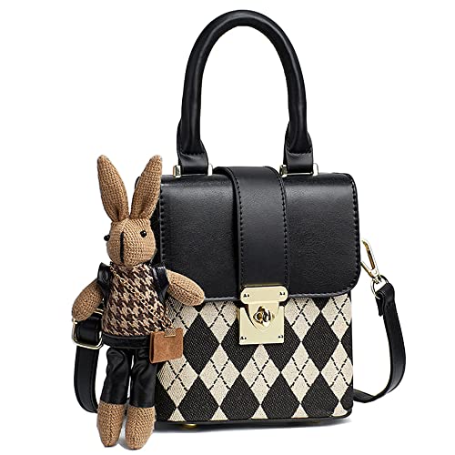 RTGGSEL Retro Vegan Leather Quilted Lattice Crossbody Shoulder Flap Bags for Women Small Tote Square Satchel Handbags Purse with Bunny Doll Pendant (Quilted-Black)