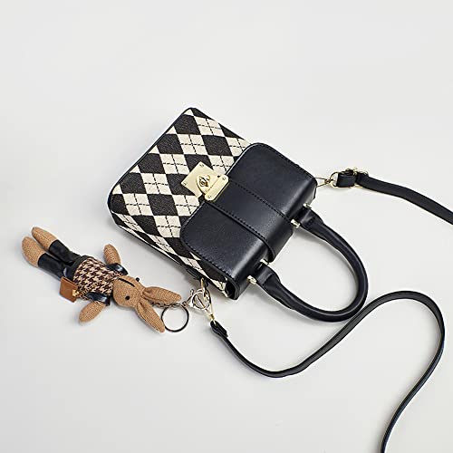 RTGGSEL Retro Vegan Leather Quilted Lattice Crossbody Shoulder Flap Bags for Women Small Tote Square Satchel Handbags Purse with Bunny Doll Pendant (Quilted-Black)