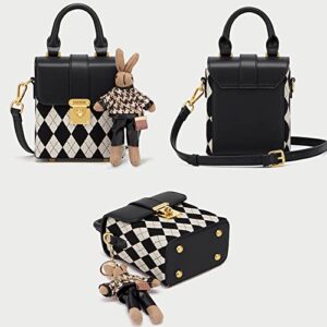 RTGGSEL Retro Vegan Leather Quilted Lattice Crossbody Shoulder Flap Bags for Women Small Tote Square Satchel Handbags Purse with Bunny Doll Pendant (Quilted-Black)