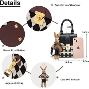 RTGGSEL Retro Vegan Leather Quilted Lattice Crossbody Shoulder Flap Bags for Women Small Tote Square Satchel Handbags Purse with Bunny Doll Pendant (Quilted-Black)