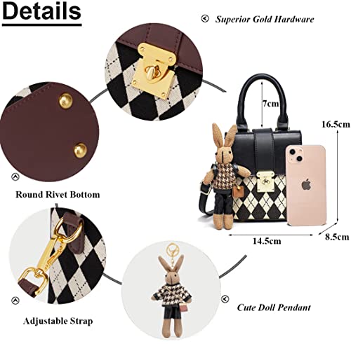 RTGGSEL Retro Vegan Leather Quilted Lattice Crossbody Shoulder Flap Bags for Women Small Tote Square Satchel Handbags Purse with Bunny Doll Pendant (Quilted-Black)