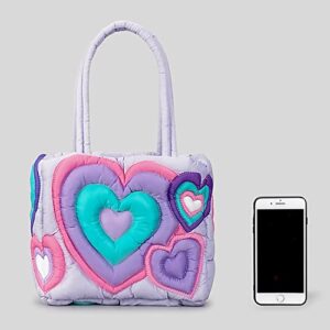 Stylish Heart Puffy Handbag for Women,Large Quilted Puffer Tote Bag,Lightweight Winter Down Cotton Padded Shoulder Bag