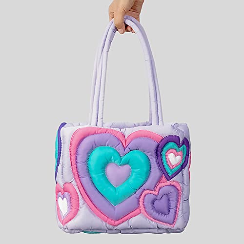 Stylish Heart Puffy Handbag for Women,Large Quilted Puffer Tote Bag,Lightweight Winter Down Cotton Padded Shoulder Bag