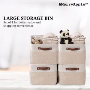 AMerryApple - Storage Basket | Collapsible Storage Bins | Sturdy Bins for Organizing | Fabric Storage box for Towels Toys, Clothes, Closet, and Shelves | Pack of 4 | Beige and White | 15" x 10" x 9.5"