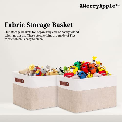 AMerryApple - Storage Basket | Collapsible Storage Bins | Sturdy Bins for Organizing | Fabric Storage box for Towels Toys, Clothes, Closet, and Shelves | Pack of 4 | Beige and White | 15" x 10" x 9.5"