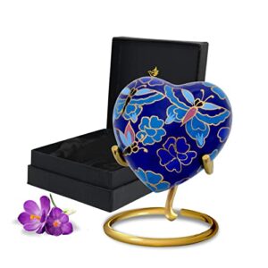 butterfly heart keepsake urn – small heart cremation urn with stand & box – mini blue urn with butterflies – honor your loved one with blue butterfly urn heart shaped – heart urn for adults & infants