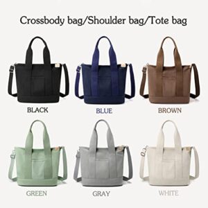 GOQUFOY Canvas Crossbody Bags for Women Black Tote Bag with Zipper Pockets Work Satchel Cross Body Purses Handbags Cute Ladies Shoulder Bag for School Hobo Travel Hand Bags Messenger Teen Girls Trendy