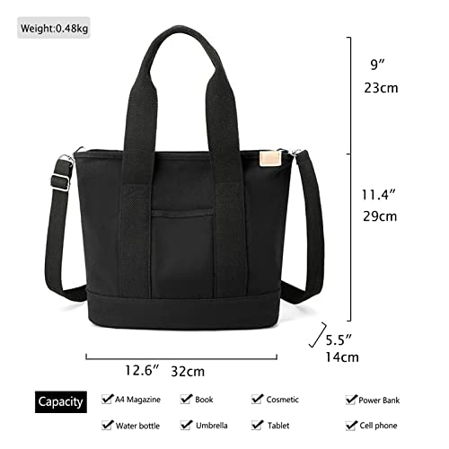 GOQUFOY Canvas Crossbody Bags for Women Black Tote Bag with Zipper Pockets Work Satchel Cross Body Purses Handbags Cute Ladies Shoulder Bag for School Hobo Travel Hand Bags Messenger Teen Girls Trendy