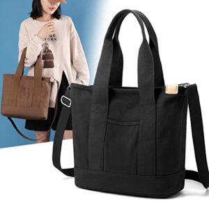 GOQUFOY Canvas Crossbody Bags for Women Black Tote Bag with Zipper Pockets Work Satchel Cross Body Purses Handbags Cute Ladies Shoulder Bag for School Hobo Travel Hand Bags Messenger Teen Girls Trendy