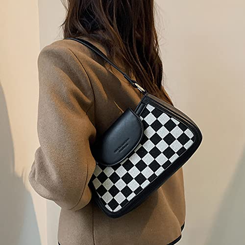 RTGGSEL Trendy Lattice Plaid Striped Saddle Crossbody Shoulder Handbags for Women Underarm Satchel Tote Clutch Purse Hobo Bag (Plaid Black)