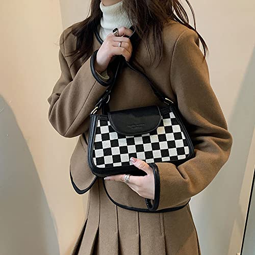 RTGGSEL Trendy Lattice Plaid Striped Saddle Crossbody Shoulder Handbags for Women Underarm Satchel Tote Clutch Purse Hobo Bag (Plaid Black)