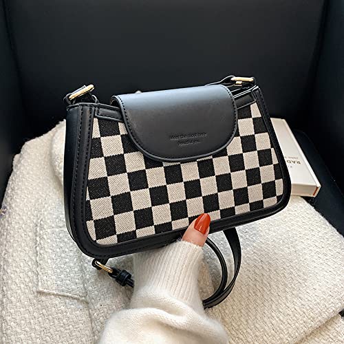 RTGGSEL Trendy Lattice Plaid Striped Saddle Crossbody Shoulder Handbags for Women Underarm Satchel Tote Clutch Purse Hobo Bag (Plaid Black)