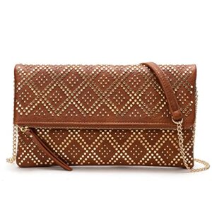 nol natural organic lifestyle women crossbody bag shoulder handbag evening clutch purse with studs chaine strap (brown)