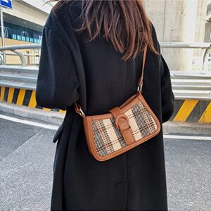 RTGGSEL Retro Women's Contrast Color Plaid Striped Saddle Crossbody Shoulder Handbags Underarm Satchel Tote Clutch Purse Hobo Bag (Brown)