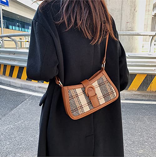 RTGGSEL Retro Women's Contrast Color Plaid Striped Saddle Crossbody Shoulder Handbags Underarm Satchel Tote Clutch Purse Hobo Bag (Brown)