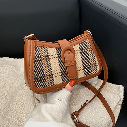 RTGGSEL Retro Women's Contrast Color Plaid Striped Saddle Crossbody Shoulder Handbags Underarm Satchel Tote Clutch Purse Hobo Bag (Brown)