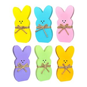 easter wooden bunny easter decorations – easter wooden table centerpieces with hemp rope – 6pcs easter spring peeps tiered tray decor rabbit shape tabletop decoration for the home office tables