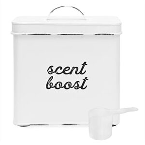 auldhome laundry scent booster storage container (white), enamelware canister dispenser for clothing fragrance beads