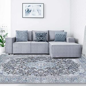 superior indoor large area rug, farmhouse home throw for bedroom, office, living room, dining/kitchen, entry, floral medallion floor decor, cotton backed, fiorella collection, 10′ x 14′, azure