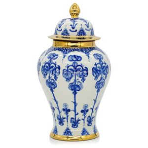 balios decor handmade gold trim blue and white porcelain fuchsia flowers ginger jar with lid, 9.1”h x 4.9”w, decorative ceramic bud vase for home décor