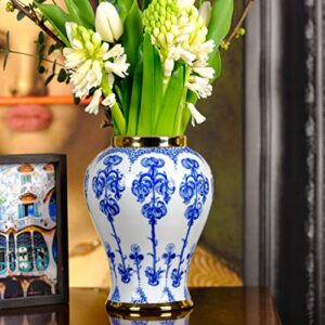 BALIOS Decor Handmade Gold Trim Blue and White Porcelain Fuchsia Flowers Ginger Jar with Lid, 9.1”H x 4.9”W, Decorative Ceramic Bud Vase for Home Décor