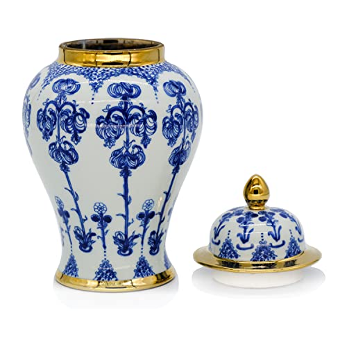 BALIOS Decor Handmade Gold Trim Blue and White Porcelain Fuchsia Flowers Ginger Jar with Lid, 9.1”H x 4.9”W, Decorative Ceramic Bud Vase for Home Décor