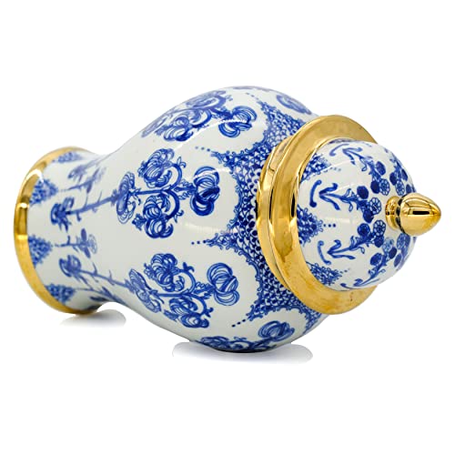 BALIOS Decor Handmade Gold Trim Blue and White Porcelain Fuchsia Flowers Ginger Jar with Lid, 9.1”H x 4.9”W, Decorative Ceramic Bud Vase for Home Décor