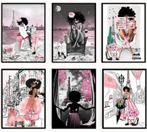 6 pieces of african american wall art black girl pink fashion wall decor teen girl woman modern room poster printing picture painting living room bedroom bathroom home decoration gift unframed