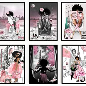 6 Pieces of African American Wall Art Black Girl Pink Fashion Wall Decor Teen Girl Woman Modern Room Poster Printing Picture Painting Living Room Bedroom Bathroom Home Decoration Gift Unframed