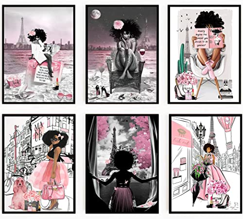 6 Pieces of African American Wall Art Black Girl Pink Fashion Wall Decor Teen Girl Woman Modern Room Poster Printing Picture Painting Living Room Bedroom Bathroom Home Decoration Gift Unframed