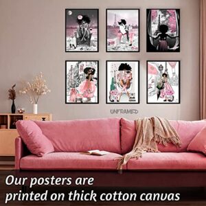 6 Pieces of African American Wall Art Black Girl Pink Fashion Wall Decor Teen Girl Woman Modern Room Poster Printing Picture Painting Living Room Bedroom Bathroom Home Decoration Gift Unframed