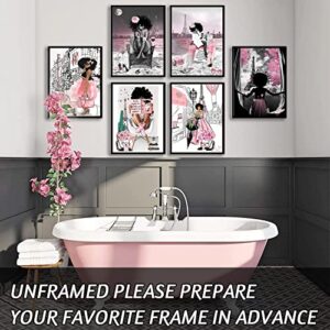 6 Pieces of African American Wall Art Black Girl Pink Fashion Wall Decor Teen Girl Woman Modern Room Poster Printing Picture Painting Living Room Bedroom Bathroom Home Decoration Gift Unframed