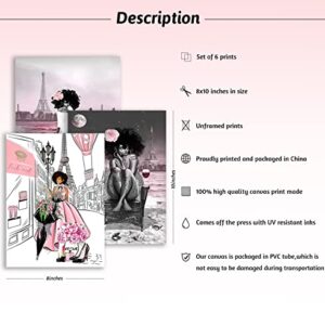 6 Pieces of African American Wall Art Black Girl Pink Fashion Wall Decor Teen Girl Woman Modern Room Poster Printing Picture Painting Living Room Bedroom Bathroom Home Decoration Gift Unframed