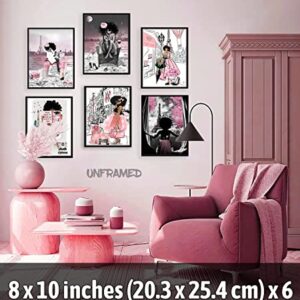 6 Pieces of African American Wall Art Black Girl Pink Fashion Wall Decor Teen Girl Woman Modern Room Poster Printing Picture Painting Living Room Bedroom Bathroom Home Decoration Gift Unframed