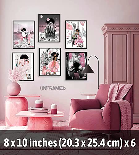 6 Pieces of African American Wall Art Black Girl Pink Fashion Wall Decor Teen Girl Woman Modern Room Poster Printing Picture Painting Living Room Bedroom Bathroom Home Decoration Gift Unframed