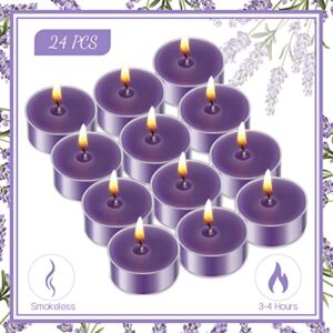 24 Pcs Lavender Tealight Candle Scented Mini Tea Lights Smokeless Long Burning Clear Cup Candles Votive Candles Aromatherapy with 3 to 4 Burn Hours for Stress Relief Relaxation Spa Bath