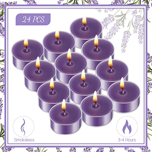 24 Pcs Lavender Tealight Candle Scented Mini Tea Lights Smokeless Long Burning Clear Cup Candles Votive Candles Aromatherapy with 3 to 4 Burn Hours for Stress Relief Relaxation Spa Bath