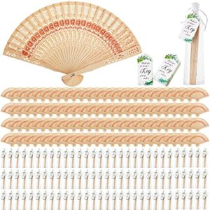 100 Pcs Wooden Hand Held Folding Fan Bulk 8" Vintage Handheld Fan Hollow Foldable Hand Fans for Women 100 Pcs Gift Bag and 100 Pcs Cards for Wedding Party Dancing Birthday Favors