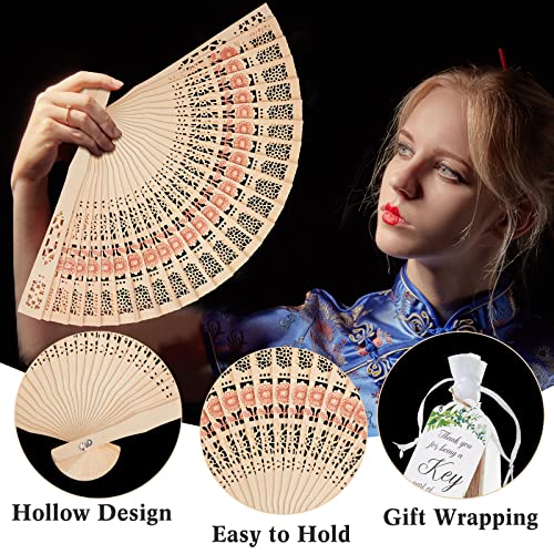 100 Pcs Wooden Hand Held Folding Fan Bulk 8" Vintage Handheld Fan Hollow Foldable Hand Fans for Women 100 Pcs Gift Bag and 100 Pcs Cards for Wedding Party Dancing Birthday Favors