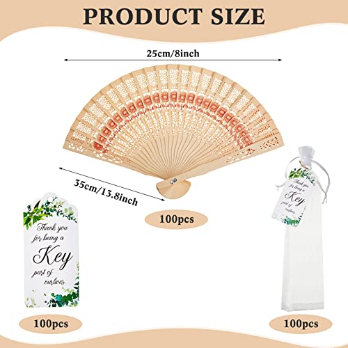 100 Pcs Wooden Hand Held Folding Fan Bulk 8" Vintage Handheld Fan Hollow Foldable Hand Fans for Women 100 Pcs Gift Bag and 100 Pcs Cards for Wedding Party Dancing Birthday Favors