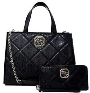 guess women’s logo patent quilted large tote bag handbag & wallet set – black