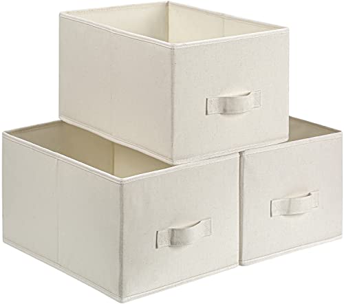 Large Fabric Storage Bins for SheIves, 16.9"D x 11.8"W x 8.26"H Odorless & Sturdy Closet Bins, Collapsible Cotton Linen Bins for Organizing Clothes, Toys, Books - 3 Pack, Beige