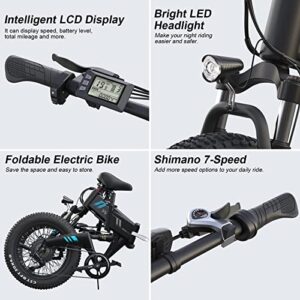 Wooken Electric Bike, 20'' Fat Tire Electric Bike for Adults, 500W Folding Electric Bike with 48V 10Ah Battery, Shimano 7 Speed Gears, Dual Shock Absorber, 20MPH Ebike for Commute Mountain Beach Snow