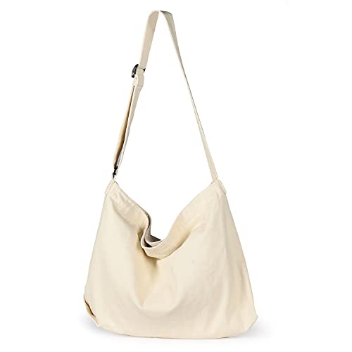 Sightor Canvas Hobo Bag, Shoulder Bag Canvas Crossbody Bag with Zipper and Adjustable Strap Handbag, Large Capacity Tote Bag for Women Men (Beige)