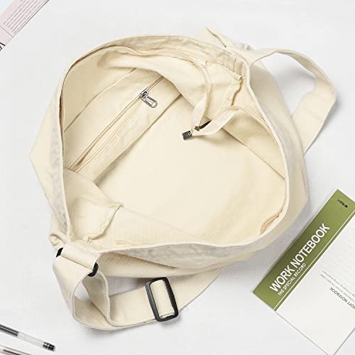 Sightor Canvas Hobo Bag, Shoulder Bag Canvas Crossbody Bag with Zipper and Adjustable Strap Handbag, Large Capacity Tote Bag for Women Men (Beige)