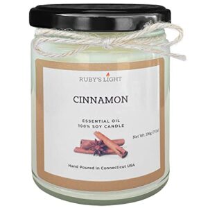 cinnamon essential oil candle | aromatherapy for the home | 9 oz glass jar with lid | all-natural soy candles | cotton wick | highly scented | 40 hours burn time | gift for women & men (cinnamon)