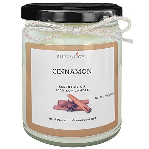 Cinnamon Essential Oil Candle | Aromatherapy for The Home | 9 Oz Glass Jar with Lid | All-Natural Soy Candles | Cotton Wick | Highly Scented | 40 Hours Burn Time | Gift for Women & Men (Cinnamon)