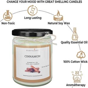 Cinnamon Essential Oil Candle | Aromatherapy for The Home | 9 Oz Glass Jar with Lid | All-Natural Soy Candles | Cotton Wick | Highly Scented | 40 Hours Burn Time | Gift for Women & Men (Cinnamon)